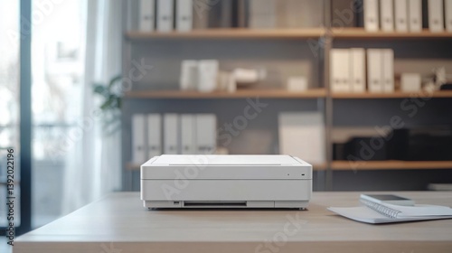 Modern Office Setup with Printer on Desk in Bright Workspace