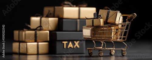 Taxed Goods Golden gift boxes are stacked beside a shopping cart labeled 