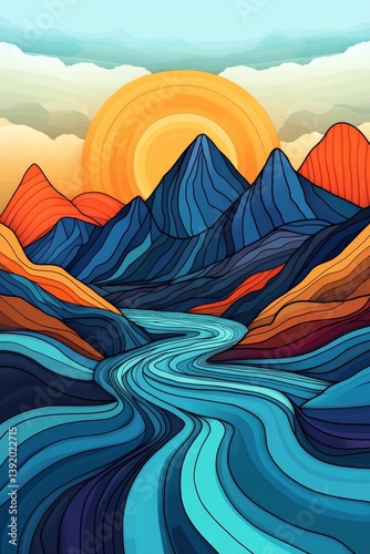 Stylized landscape illustration with mountains river sun and clouds in vibrant colors.