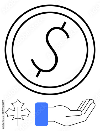 Coin with dollar sign above open hand and maple leaf, representing wealth, giving, sustainability, support, charity, economics, or savings. Ideal for finance eco-economy donations minimal design