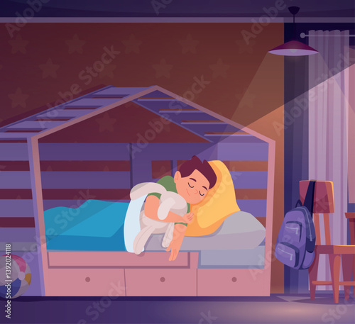 Sleeping kids. adorable kid sleeping in bed. vector interior background