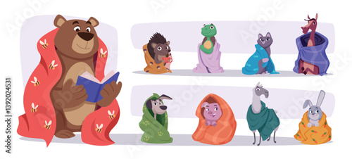 Animals with blankets. Cartoon characters in cozy plaids exact vector animals collection