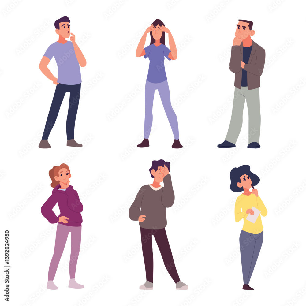 Obraz premium Confused person. People male and female thinking poses exact vector different expression uncertain characters