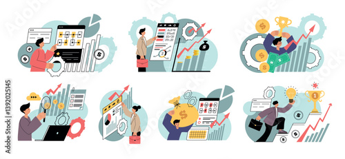 Business concept. Managers working big boss and success strategy recent vector corporate illustrations in flat style