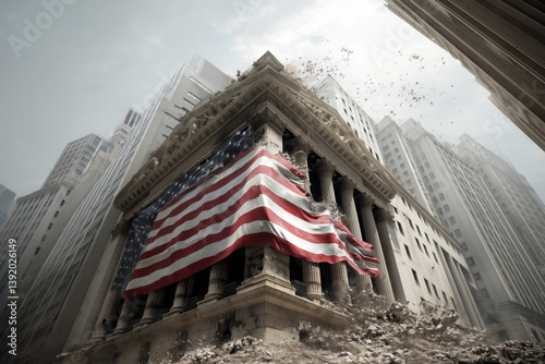 Conceptual image of U.S. stock exchange collapse with torn flag draped on ruins. Symbolic destruction of Wall Street institution.

