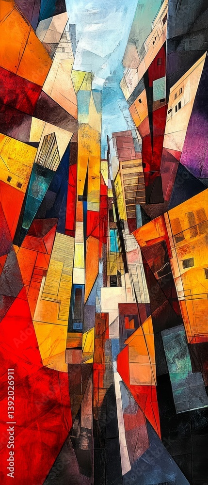 Fototapeta premium Abstract colorful painting with geometric shapes and blurred perspective.