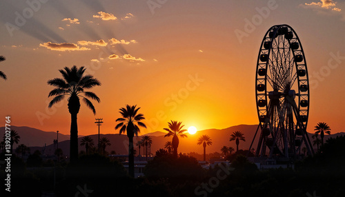 Ferris wheel silhouette at sunset with palm trees in background  