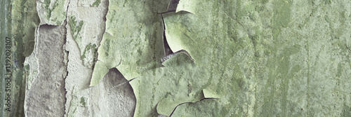 Obraz na płótnie Peeling paint on the wall. Panorama of a concrete wall with old cracked flaking paint. Weathered rough painted surface with patterns of cracks and peeling. Grunge texture for wide panoramic background w salonie
