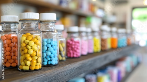 Colorful medicine bottles on wooden shelves