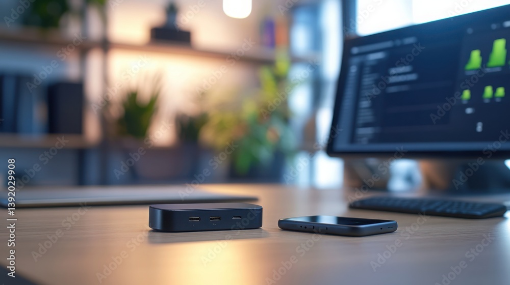 Modern Workspace with Tech Gadgets and Stylish Decor Elements Modern Workspace with Tech Gadgets and Stylish Decor Elements