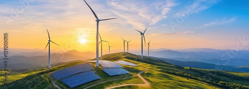 Rows of solar panels and several wind turbines are spread across a green hilltop, illuminated by the warm glow of a sunset. The stunning landscape highlights the commitment to sustainable energy