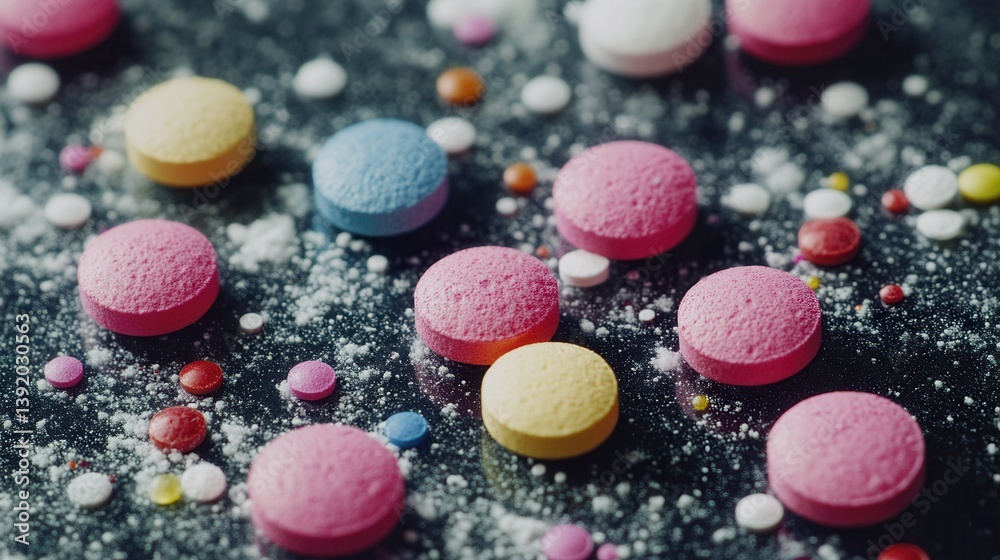 Fototapeta premium Colorful pills scattered on a dark surface (1)