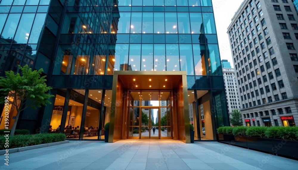 Naklejka premium Glass facade of a skyscraper entrance in the business district, business district, urban