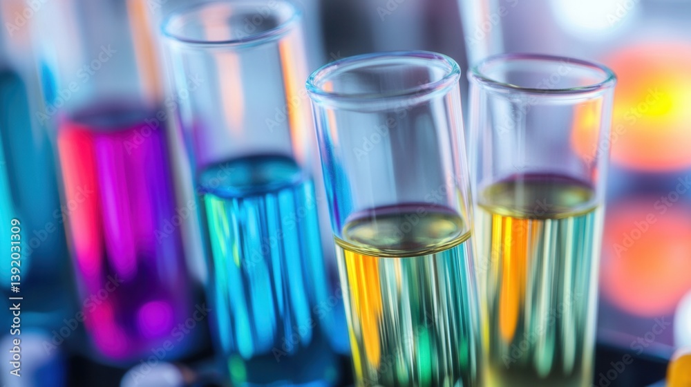 Colorful test tubes filled with liquids in a lab setting Colorful test tubes filled with liquids in a lab setting