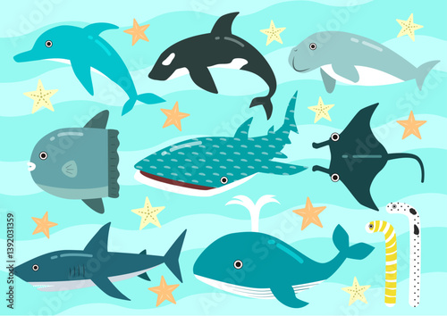 Cartoon Sea Animals Vector Set with Cute Ocean Creatures and Starfish