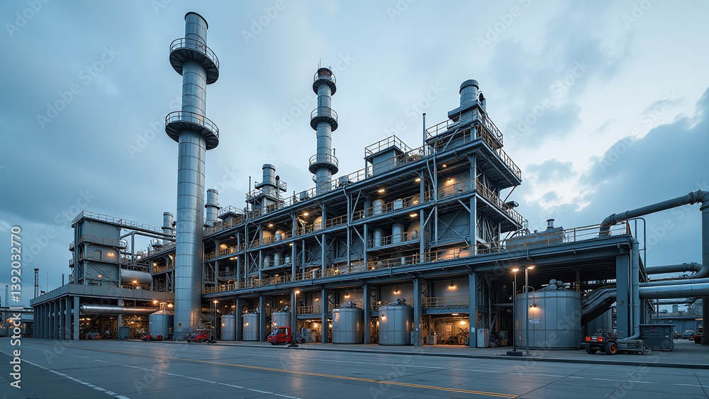Fototapeta premium modern industrial plant extensive piping large machinery dominate scene