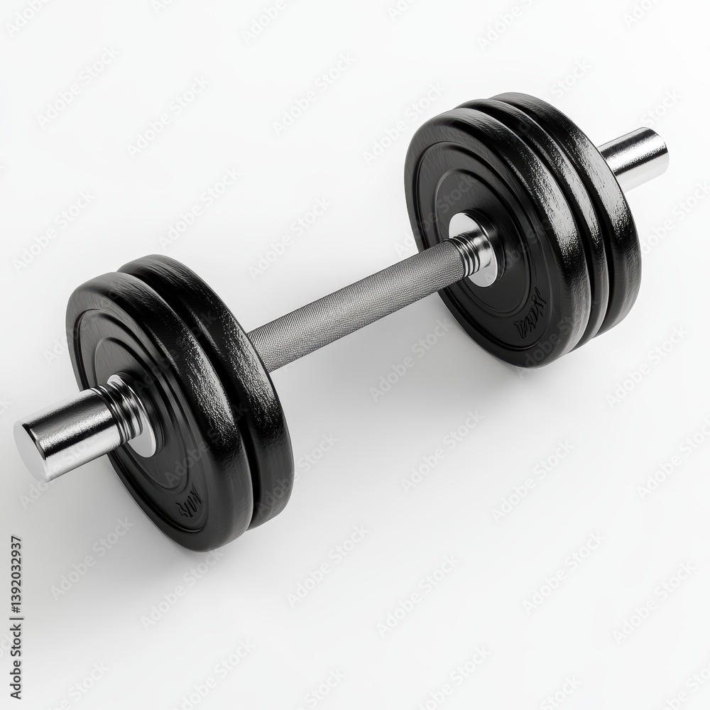 Naklejka premium Dumbbell: A photorealistic dumbbell. The heavy, metallic plates, gleaming silver and the weightlifting equipment lies in plain view, showcasing fitness, strength, and the path to physical wellness.