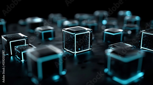 A poster featuring a blue glowing cube serves as a background that represents digital technology in an abstract manner