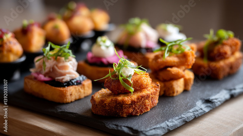 Wallpaper Mural Close up of gourmet appetizers on a slate platter featuring bread toppings and garnish on a wooden table Torontodigital.ca