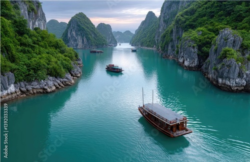 The iconic Ha Long Bay with its unique emerald green waters, surrounded by majestic karst mountains and bustling yachts at sunset in Vietnam's Northernmost region