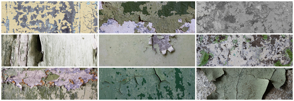 Set of peeling paint textures. Old concrete walls with cracked flaking paint. Weathered rough painted surfaces with patterns of cracks and peeling. Collection of wide panoramic backgrounds for design.