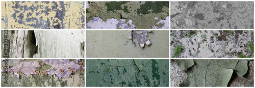Obraz na płótnie Set of peeling paint textures. Old concrete walls with cracked flaking paint. Weathered rough painted surfaces with patterns of cracks and peeling. Collection of wide panoramic backgrounds for design. w salonie