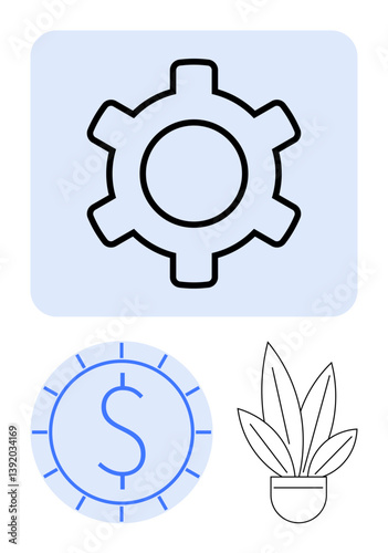 Gear for progress, coin with dollar for financial success, and potted plant for growth. Ideal for business, strategy, savings, innovation, productivity ecology stability. Flat simple metaphor