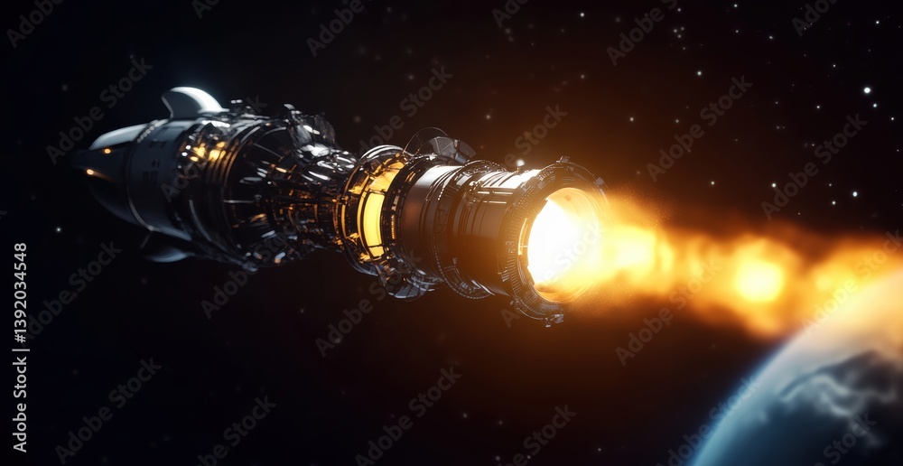 Naklejka premium Interstellar Voyage: A futuristic spacecraft propelled by a powerful engine streaks through the vastness of space. Flames from the ship's thrusters illuminate the darkness.