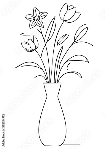 Minimalist Flower Vase Line Drawing – Black and White Tulip and Star Lily Sketch for Elegant Wall Art or Botanical Illustration