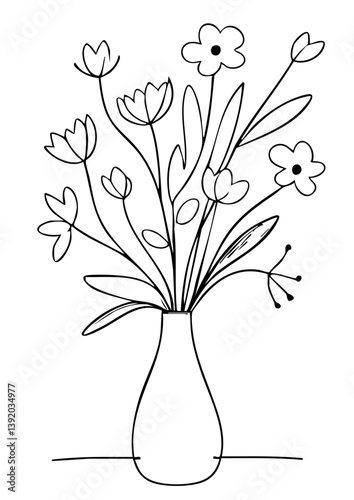 Cute Hand-Drawn Flower Vase Line Art – Minimalist Wildflower Bouquet Sketch in Black and White for Wall Art or Coloring Page