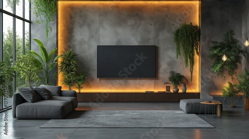 A modern TV framed as art on a minimalist wall, blending technology with timeless elegance. photo