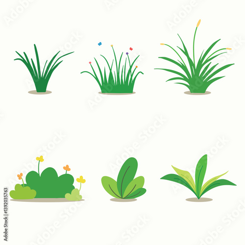 Green grass and bush collection vector set. Cartoon lines of plants and shrubs for book, children, asset, poster. Spring field planting shapes lawn with flower