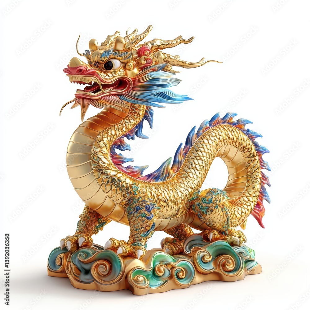 Fototapeta premium Majestic Dragon Statue: A meticulously crafted golden dragon statue, embodying power and prosperity, rests atop ornamental clouds, its vibrant details and regal stance a testament to artistic mastery.