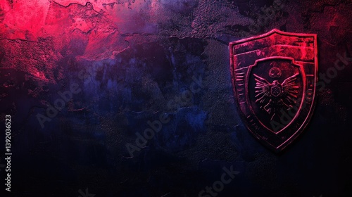 Dark, textured background with a metallic shield