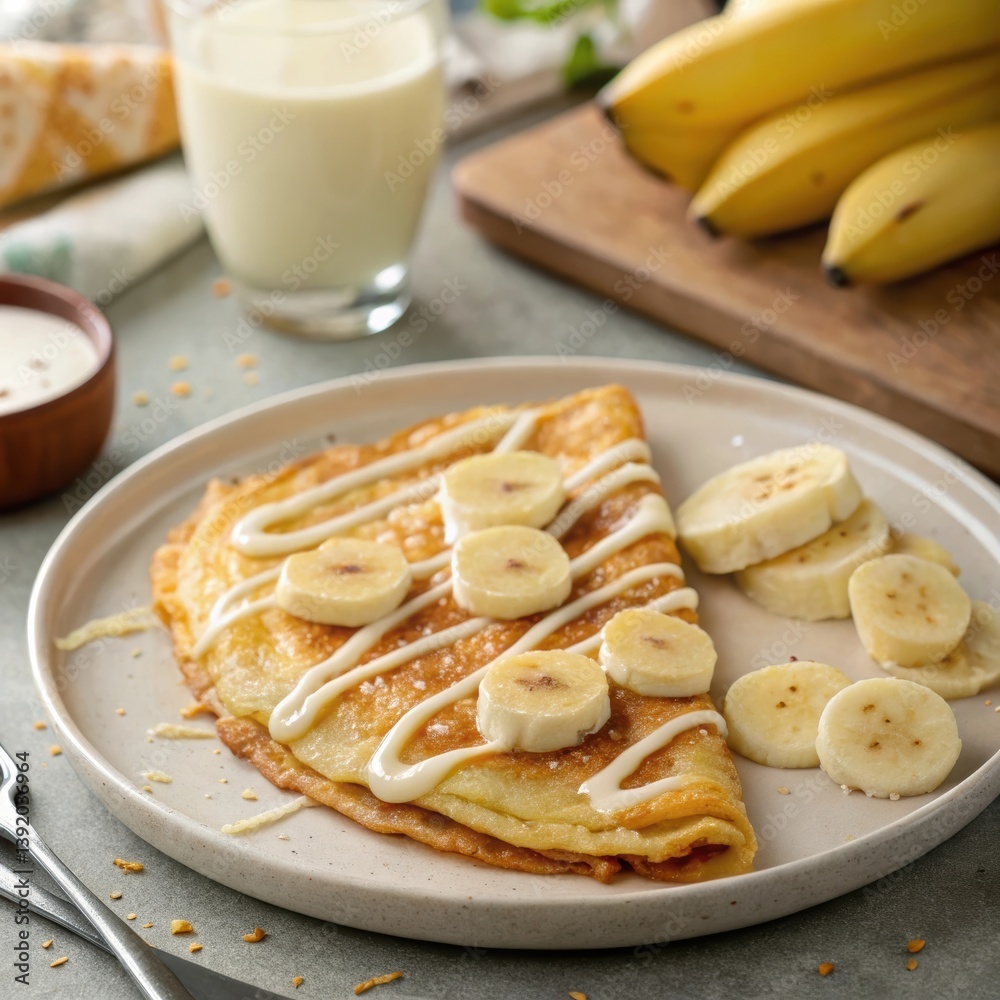 Delicious banana pancakes with cream and milk on a cozy kitchen countertop Delicious banana pancakes with cream and milk on a cozy kitchen countertop