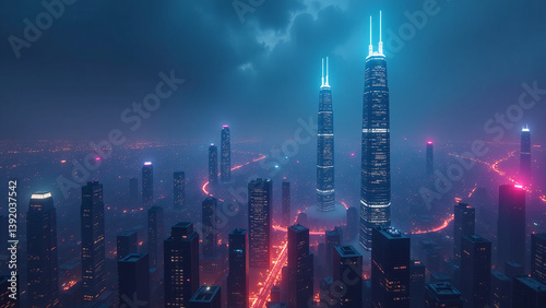 neon skyscrapers tower futuristic cityscape bathed vibrant light dark misty urban