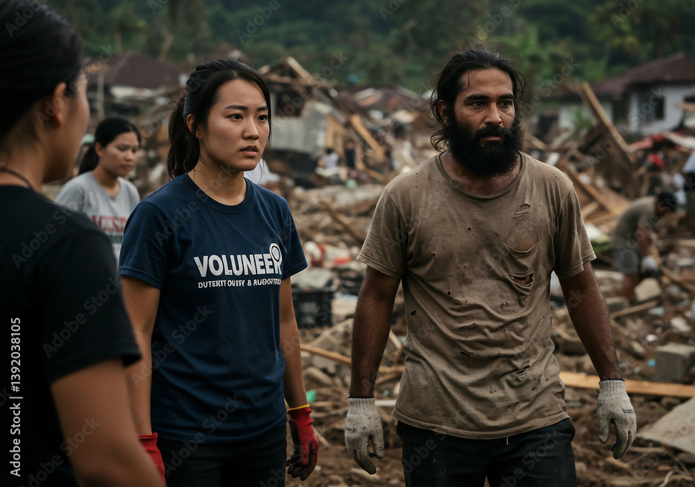 Volunteers in a Disaster Zone Helping after Flood Damage, Debris, and Destroyed Buildings. Volunteers in a Disaster Zone Helping after Flood Damage, Debris, and Destroyed Buildings.