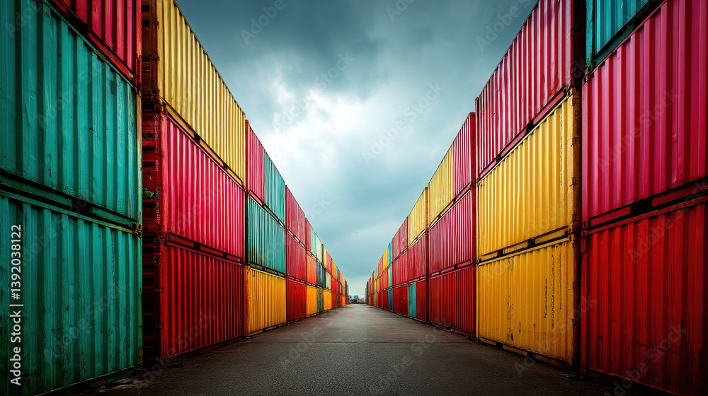 Fototapeta premium Colorful shipping containers aligned symmetry create striking visual effect, showcasing vibrant hues of red, yellow, and teal against moody sky