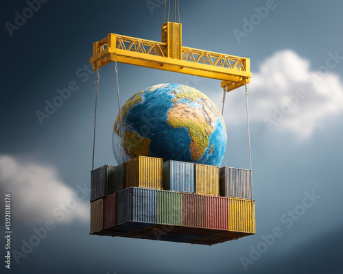 crane lifting containers with globe symbolizes global trade and logistics, showcasing interconnectedness of world