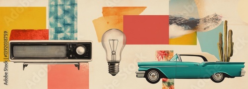 This artwork showcases a surreal mid-century collage with colorful geometric shapes, a vintage turquoise convertible car, an old radio, and lightbulb alongside desert details like cacti