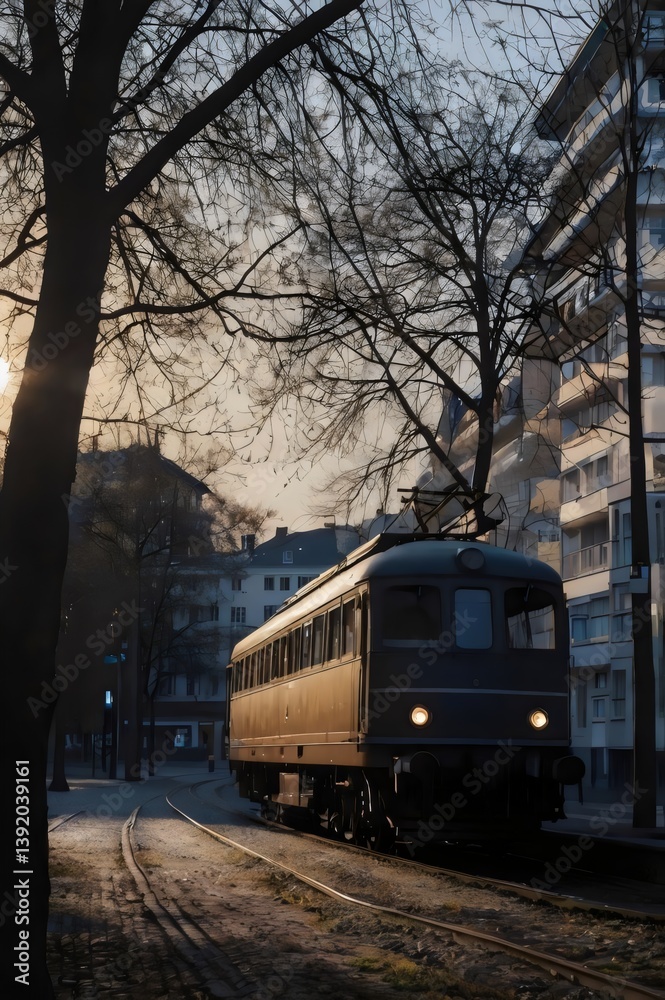 Naklejka premium A train is traveling down a track in a city
