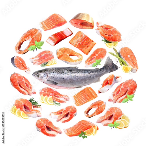 Fish Salmon steak with spices and basil leaves solated 