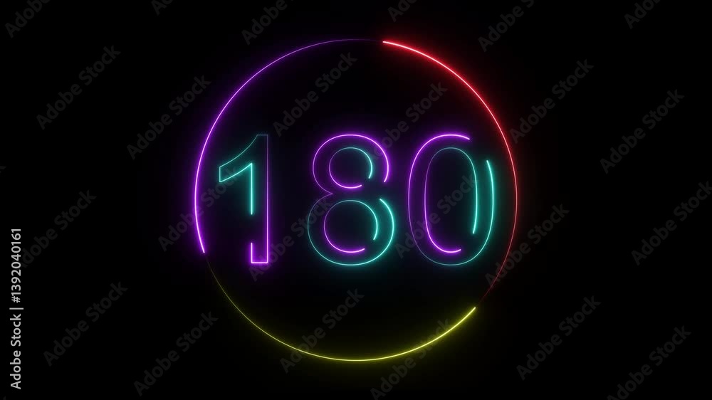 A dynamic circular animation, and glowing neon number 180 animation . on a black background. and creating a stunning video.4k video