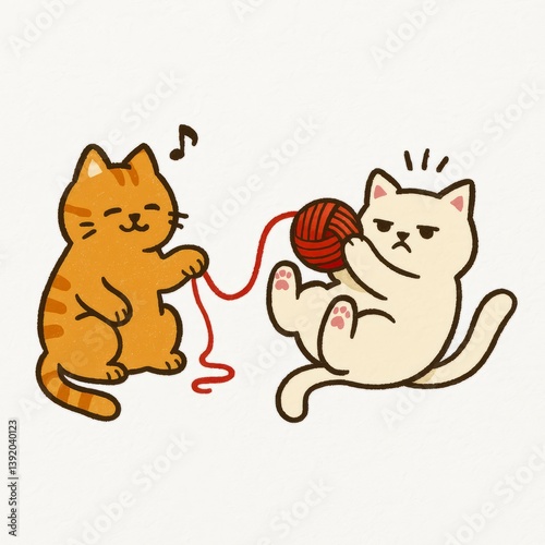 Playful Cats with Yarn and Musical Note, Cartoon Illustration of Two Felines Engaged in Fun Activity, Creative Art for Pet Lovers and Cat Enthusiasts