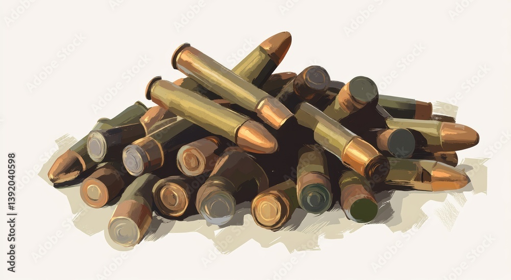 Pile of Ammunition: A close-up shot of a scattered assortment of metallic bullet casings. Each shell is an emblem of the impact, ready to unleash force and precision. Pile of Ammunition: A close-up shot of a scattered assortment of metallic bullet casings. Each shell is an emblem of the impact, ready to unleash force and precision.