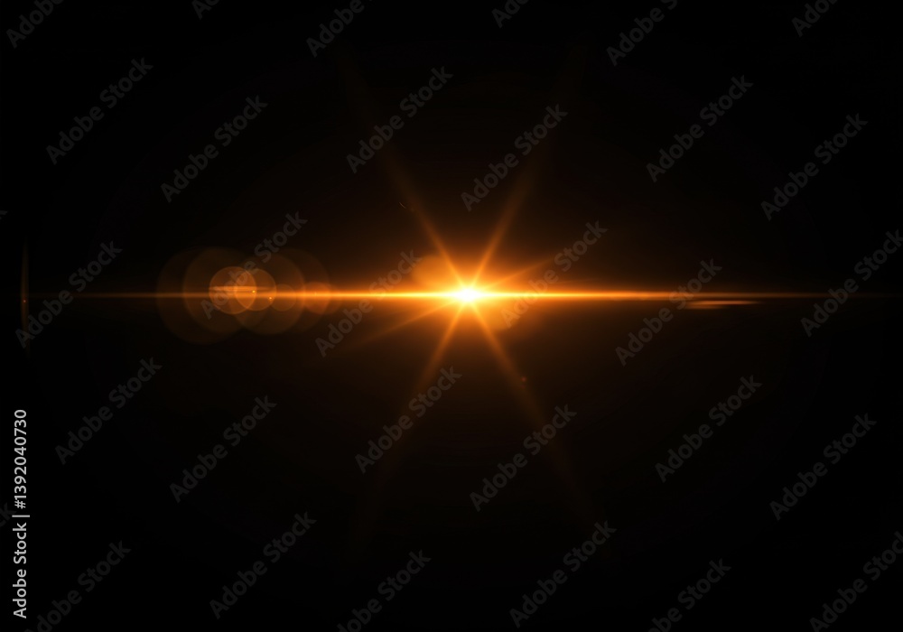 Bright horizontal lens flare on black with a central starburst and trailing bokeh circles. Intense light Bright horizontal lens flare on black with a central starburst and trailing bokeh circles. Intense light