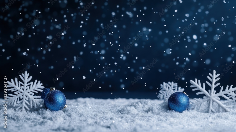 Elegant Winter Scene with Blue Christmas Ornaments and Snowflakes on a Dark Background Elegant Winter Scene with Blue Christmas Ornaments and Snowflakes on a Dark Background