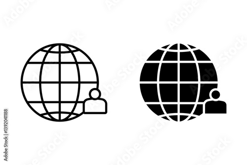 Person and web globe icon. Vector graphic element. International, global, personal website, social network and connectivity