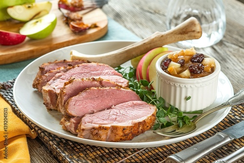 Pork cutlets on a bone with apple and raisin chutney