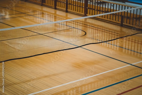 Indoor Sports Court with Badminton Net and Line Markings photo